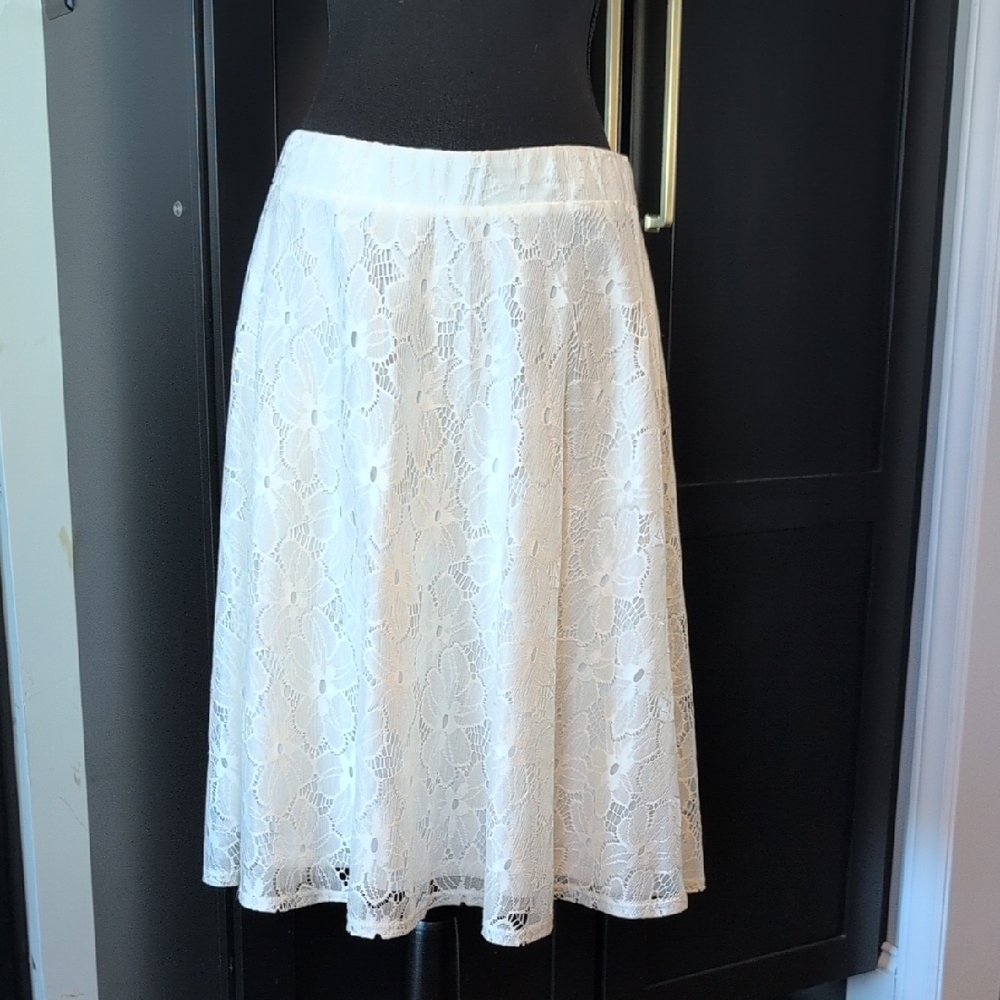 Kim Rogers Fairy Core White Lace Overlay A-Line Skirt Knee-Length Feminine